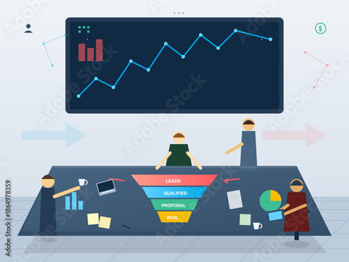 Group works together at table to analyze business data and trends during meeting focused on leads and proposals