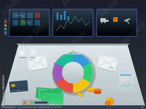 Monitoring budget and resources for distribution in a logistics control room with graphs and planning tool