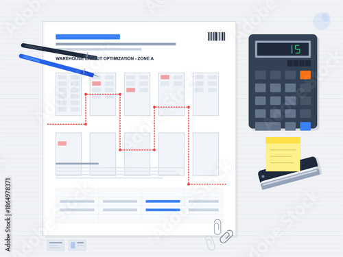 Document showing warehouse layout optimization plan for zone A with calculations and notes