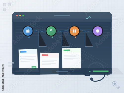 Digital workspace showing different application icons connected by lines on a computer screen during daytime