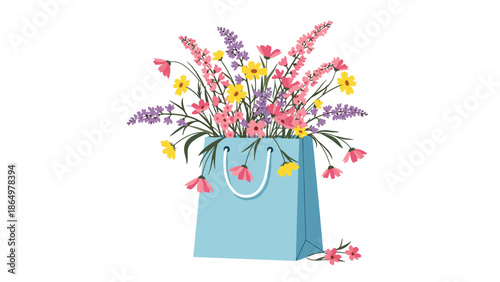 Charming light blue paper bag overflowing with a vibrant and diverse bouquet of colorful wildflowers, symbolizing nature's beauty.