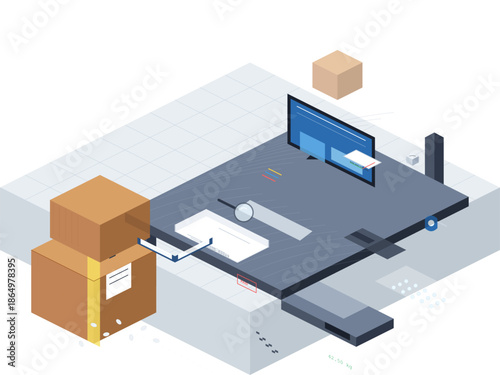 Modern workspace featuring boxes and a large screen with designs during an online meeting session