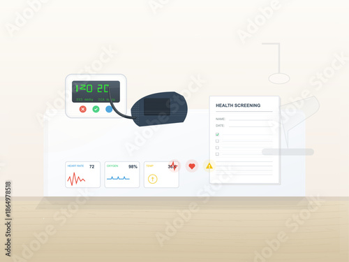 Health screening device showing vital signs and assessment results during a medical check-up in a clinic setting