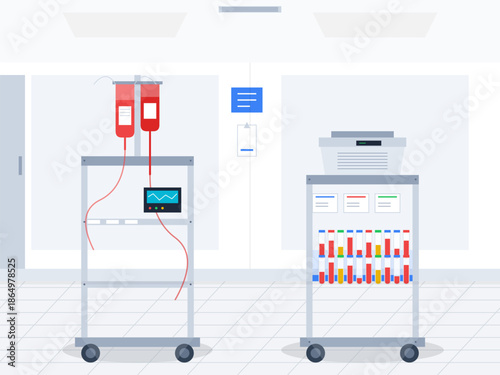 Medical equipment setup in a hospital room with blood bags and lab supplies for patient care