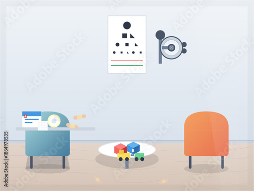 Waiting area shows toys, chairs, and a vision chart on a wall during daylight