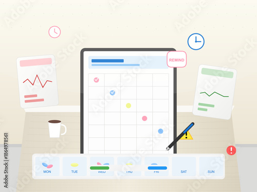 Busy workspace with calendar, reminders, and graphs tracking daily tasks and activities at a desk