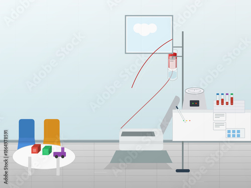 Hospital room with medical equipment and seating area for patients during treatment sessions