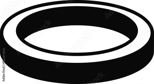 Simple black and white icon of a flat washer or ring with perspective view