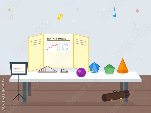 Math and music project display with geometric shapes on a table in a classroom setting during a school event