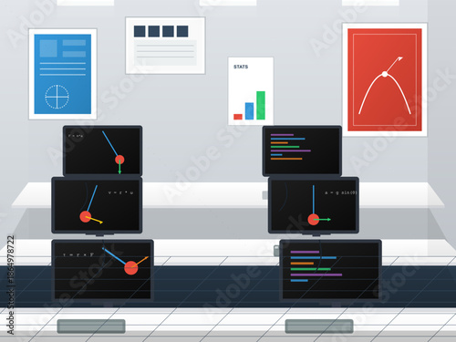 Workstation displaying multiple computer monitors with charts and programming code in a modern office setting during daytime