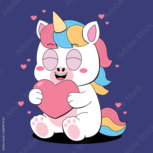 Cartoon Unicorn Hugging a Pink Heart