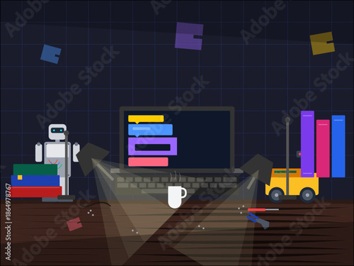 Desk scene with a laptop, robot model, and colorful blocks at night