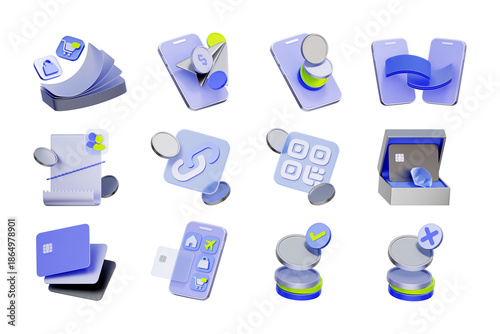 3D icon set of mobile payment and credit card including smartphone transaction, QR code scanning, digital receipt, and online shopping.
