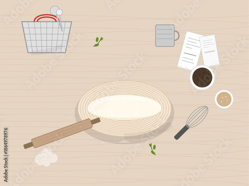 Baking bread with ingredients, tools, and notes laid out on a kitchen counter in a simple setting