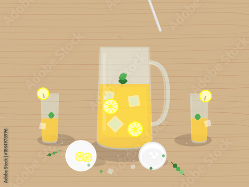 Refreshing drink served with lemon slices on a wooden table with ice and mint leaves at a gathering