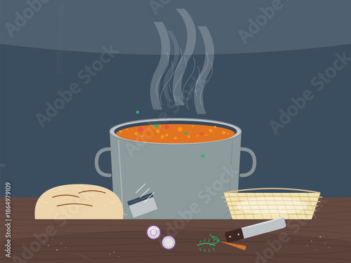 Cooking soup with bread and ingredients on the table in a kitchen during the day