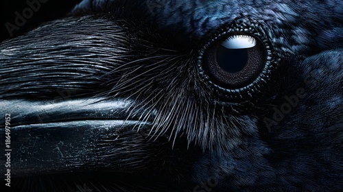 Extreme Macro Portrait of a Mysterious Raven Eye and Feathers
