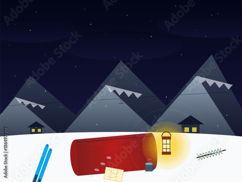 Snowy mountain scene with a lantern, letter, and ski poles during nighttime in a winter landscape
