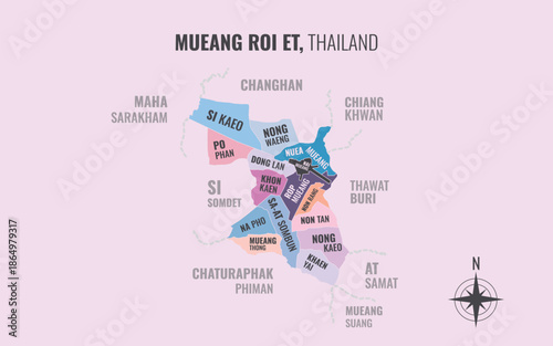Map showing Mueang Roi Et District Roi Et Thailand divided into sub districts with minimalist colorful patterns