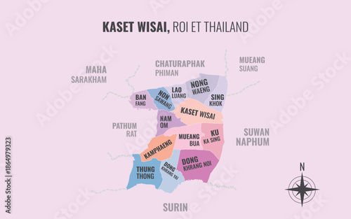 Map showing Kaset Wisai District Roi Et Thailand divided into sub districts with minimalist colorful patterns