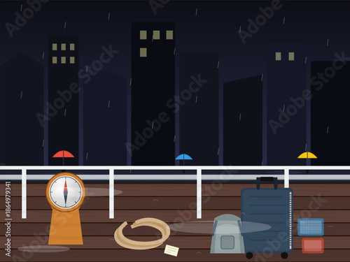 Umbrella and luggage on wet pier at night near tall buildings with rain