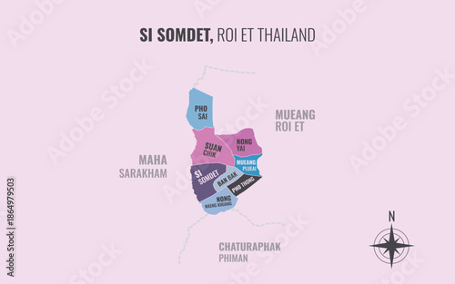 Map showing Si Somdet District Roi Et Thailand divided into sub districts with minimalist colorful patterns