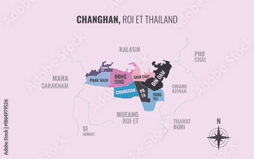 Map showing Changhan District Roi Et Thailand divided into sub districts with minimalist colorful patterns
