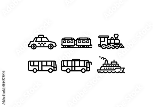 Vector Ilustration Minimalist black outline vector icons set of diverse transportation vehicles - taxi, train, buses, and ship.