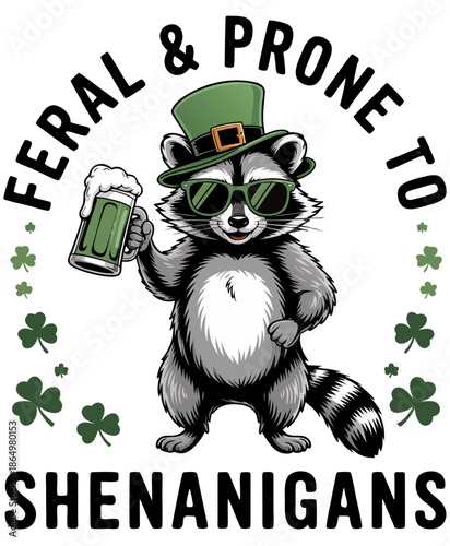 A stylized cartoon illustration of a raccoon wearing
green sunglasses and a green St. Patrick's Day hat with a gold buckle. The raccoon is holding a stein of green beer with a foamy head