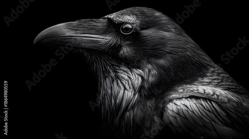 Dramatic Side Profile of a Black Raven Against Dark Background