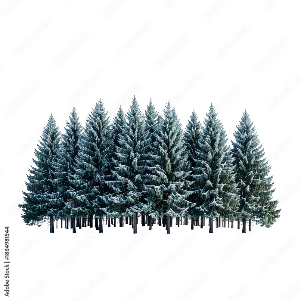 Obraz premium Majestic Snow-Covered Coniferous Trees Isolated on a transparent background, Capturing the Serene Beauty of a Winter Forest Landscape. PNG Without Background