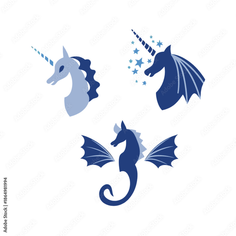 Fototapeta premium Three whimsical unicorn illustrations in blue and dark blue tones 