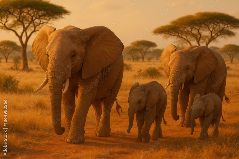 Fototapeta premium Elephant herd, including two adults and two calves, walking together on dusty savanna with acacia trees under a golden sky