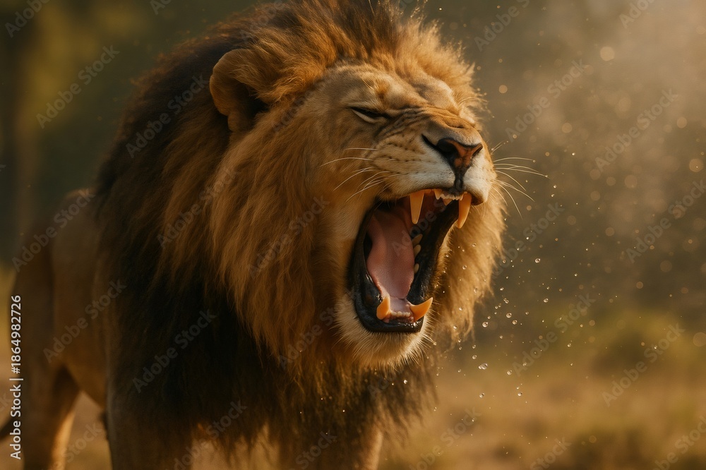 Naklejka premium Male lion with a powerful roar, displaying open mouth, sharp teeth, and spraying water droplets in golden light
