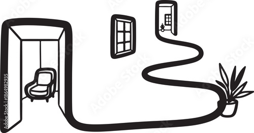 Simple black and white illustration of a room with a chair