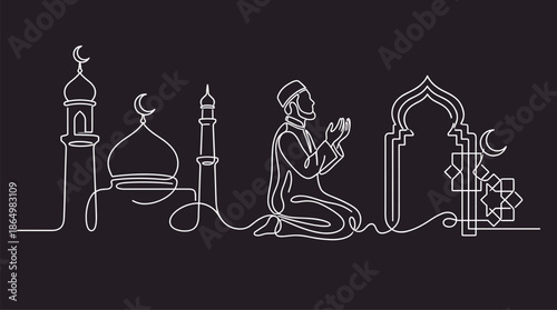 Continuous line drawing of Muslim man praying in mosque with dome and minaret for Ramadan Kareem cad drawing flat vector illustration.
