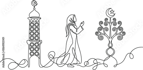 One Line Drawing Of Muslim Woman Praying Near Mosque Minaret And Life Tree For Ramadan Kareem Cad Drawing Flat Vector Illustration