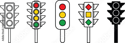 Traffic Light Icon Set With Red Yellow and Green Signals in Multiple Line Bold Flat and Solid Styles for Urban Transport Interface Design