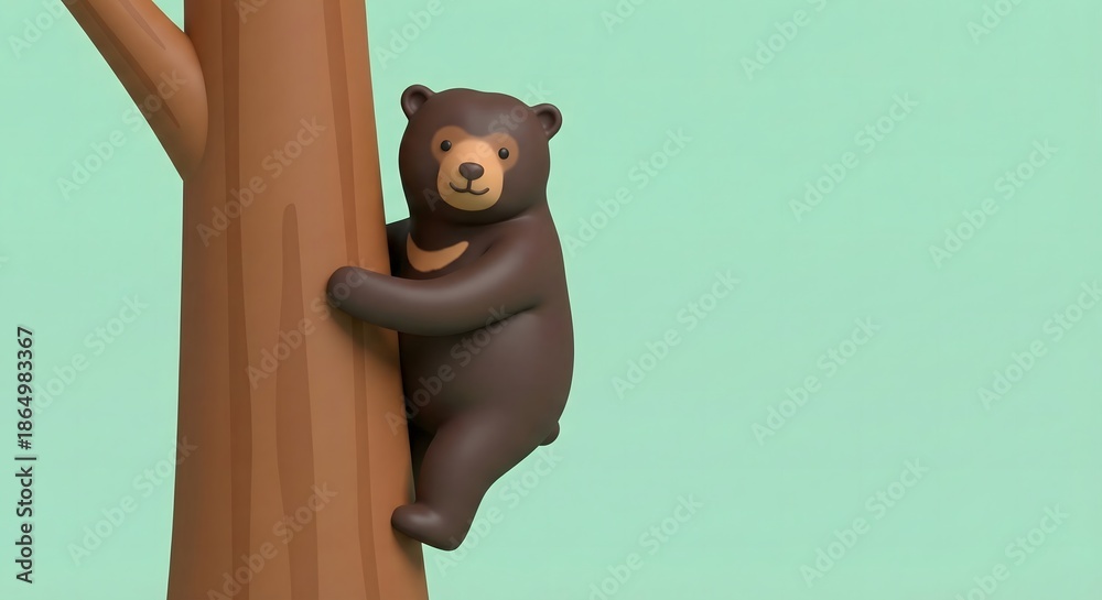 Naklejka premium Cute cartoon bear climbing a tree against a pastel green background.