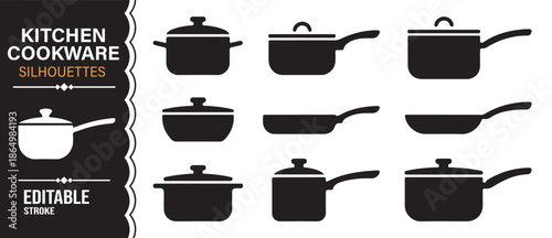 Black cooking pot and pan silhouettes editable vector collection