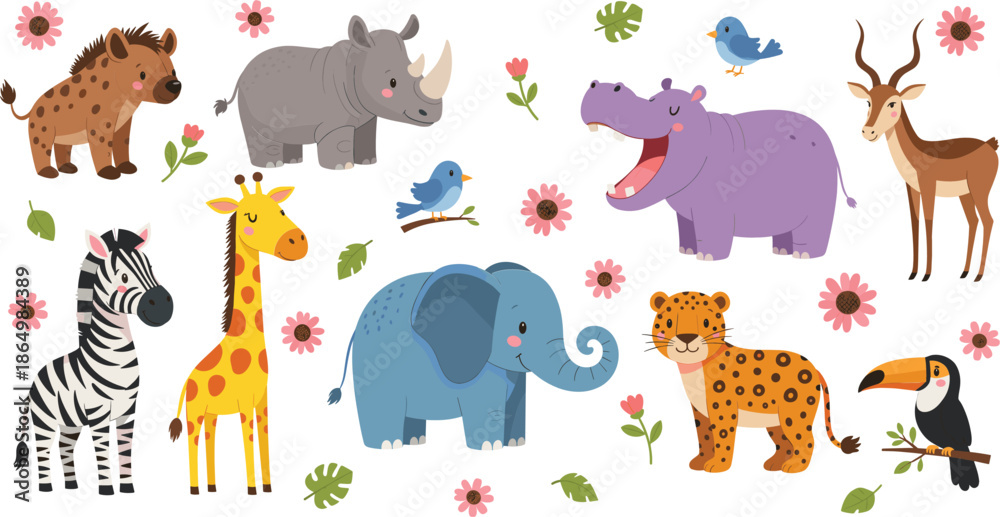 Obraz premium Cute African Safari Animals Cartoon Illustration Set with Elephant Giraffe Zebra Hippo Rhino and Birds