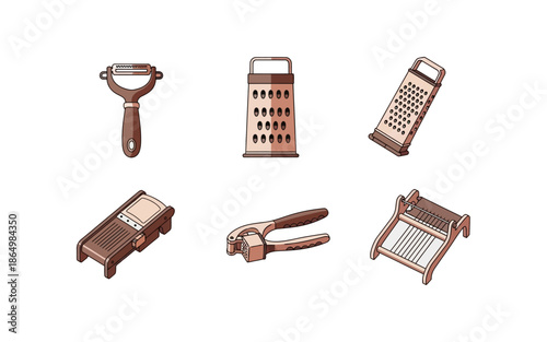 Isometric Kitchen Utensils Icon Set, Wood Grater, Vegetable Peeler, Mandoline Slicer, Garlic Press, and Egg Slicer Icons