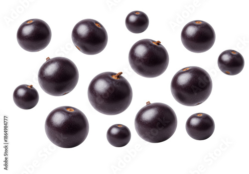 Multiple fresh, ripe, dark purple acai berries, round and smooth, with stem marks, floating mid-air against a transparent seamless background, concept of healthy superfood nutrition
