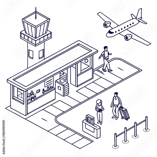 Airport terminal with control tower and passengers