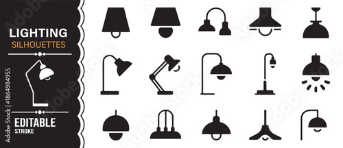 Lighting silhouette icons set with lamps and chandeliers in black vector