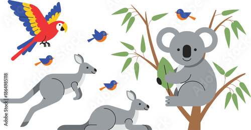 Cute Australian Wildlife Cartoon Illustration with Koala Kangaroo Parrot and Small Birds in Nature Vector Set