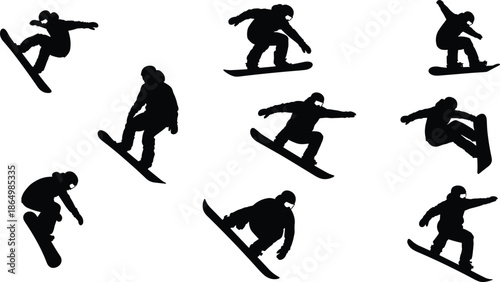 Snowboarder silhouette set showing dynamic winter sports jumps tricks actions isolated black vector illustration collection for snow extreme lifestyle design