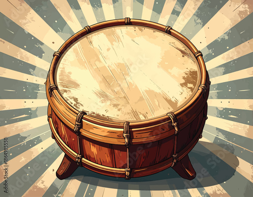 Vintage Wooden Drum Musical Instrument.