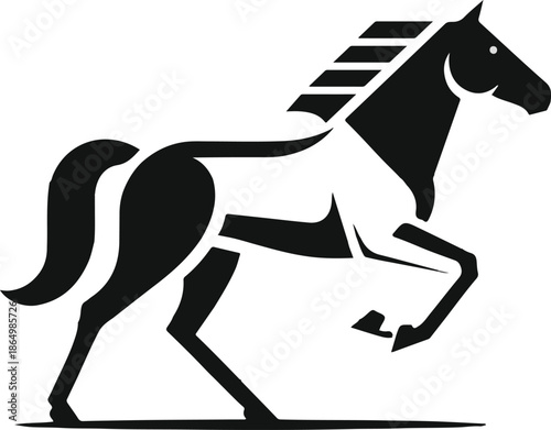 A sleek and powerful black and white vector silhouette of a horse in a dynamic, mid-gallop pose, featuring sharp lines and a minimalist modern design.