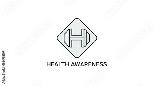 Health awareness symbol with dumbbell icon inside a diamond shape representing fitness and well-being isolated on white background